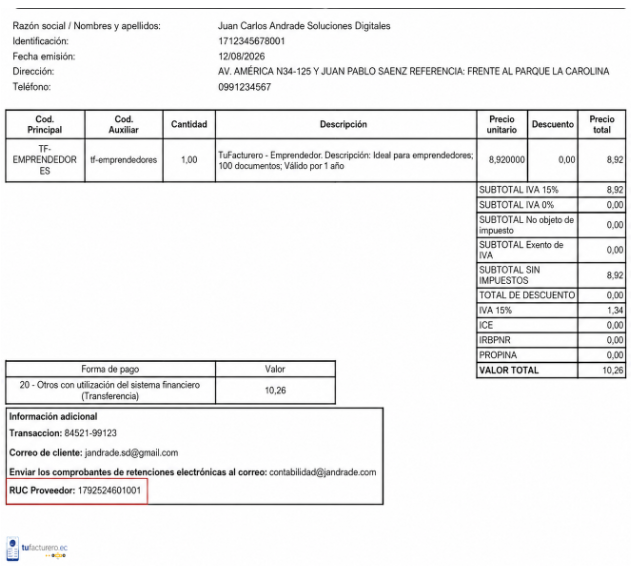 ruc proveedor en factura